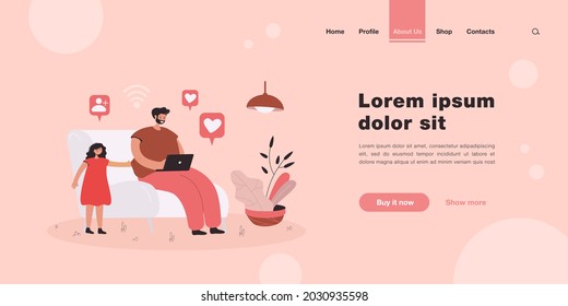 Father surfing internet and ignoring daughter. Man sitting on chair with laptop, sad girl calling dad flat vector illustration. Family, parenting, communication concept for banner, website design