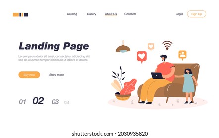 Father surfing internet and ignoring daughter. Man sitting on chair with laptop, sad girl calling dad flat vector illustration. Family, parenting, communication concept for banner, website design