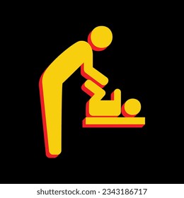 Father swaddles baby sign. 3D Extruded Yellow Icon with Red Sides a Black background. Illustration.