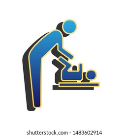 Father swaddles baby sign. Blue icon with gold contour with dark gray shadow at white background. Illustration.