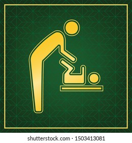 Father swaddles baby sign. Golden icon with gold contour at dark green gridded white background. Illustration.
