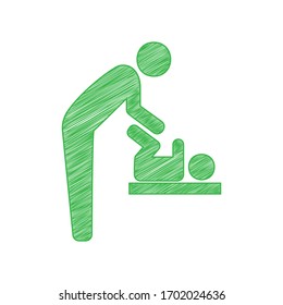 Father swaddles baby sign. Green scribble Icon with solid contour on white background. Illustration.