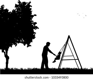 Father swinging child on a swing in the park, one in the series of similar images silhouette