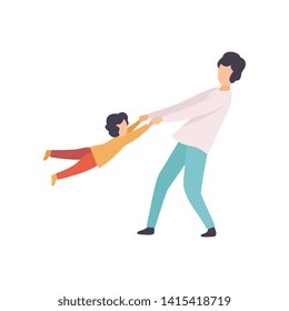 Father Swinging Son Holding His Hands, Happy Family Outdoor Activities Vector Illustration