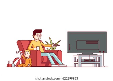 Father switching channels watching tv and looking after little baby son playing toys. Babysitter guy sitting with kid in living room armchair. Flat style vector illustration isolated on white.