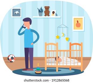 Father take care of little baby, talking on phone, nurses child helps him fall asleep, family relationships. Dad put to bed kid in baby crib, spend time at home with his infant in childrens room