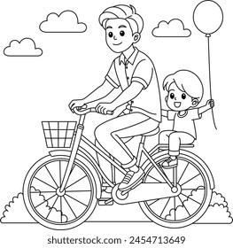 El padre lleva al niño a dar un paseo en la página para colorear de la bicicleta. Ilustración vectorial del día del padre 