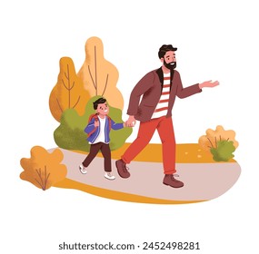 Father takes his son to school. Schoolboy with parent goes to first grade. Dad and child hold hands, walk together. Happy kid carries backpack. Flat isolated vector illustration on white background