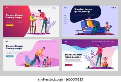 Father taking care about little son set. Man feeding toddler boy, playing, cleaning house. Flat vector illustrations. Children, parent, family concept for banner, website design or landing web page