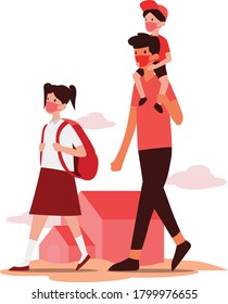 Father taking his daughter to the school with her little brother during new normal