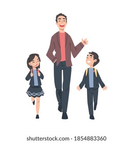 Padre llevando a su hijo y a su hija usando uniforme a la escuela en la mañana. Ilustración de vectores de estilo de caricatura de padres e hijos