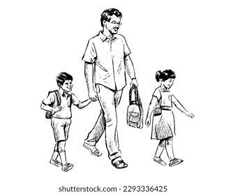 Father Taking his Two Sons to the School in the Morning. Parent and Kids Walking Together Holding Hands hand drawn line art Vector Illustration