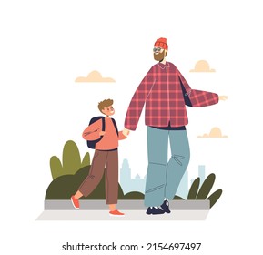Father taking kid boy to school. Happy dad walking with small pupil child holding backpack with books. Schoolchild and education concept. Cartoon flat vector illustration