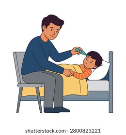 Father taking sick child's temperature with a digital thermometer. Flat illustration of a concerned father sitting by his son's bed, checking his fever with a thermometer. Features clean lines and bold colors. Ideal for medical or parenting blogs.