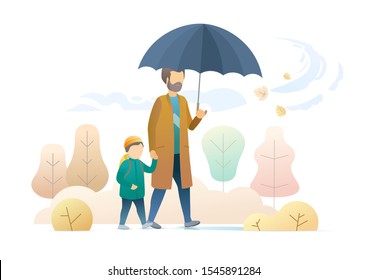 Father taking son to school flat vector illustration. Little boy with rucksack and dad with umbrella holding hands cartoon characters. Back to school, parent and child on outdoor stroll together.