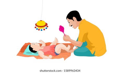 The father is talking about playing with the baby - illustration