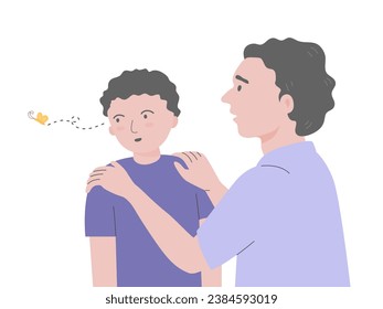 Father talking with ADHD child, he having a short attention span and being easily distracted. Flat vector illustration.