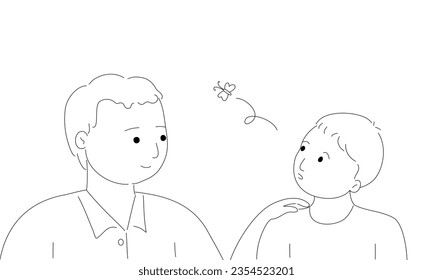 Father talking with ADHD son, he having a short attention span and being easily distracted. ADHD symptom concept in outline vector illustration.	
