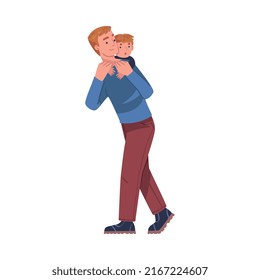 Father Talking to His Son Carrying Him on His Back Supporting and Soothing Him Vector Illustration