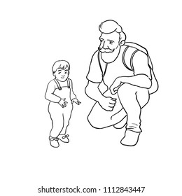 Father is talking with his  son. Hand drawn vector illustration isolated on background. Family time.