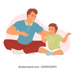 Father talking and playing with little boy son vector illustration. Parent and kid sitting on floor and having nice conversation isolated on white background. Happy family and parenthood concept