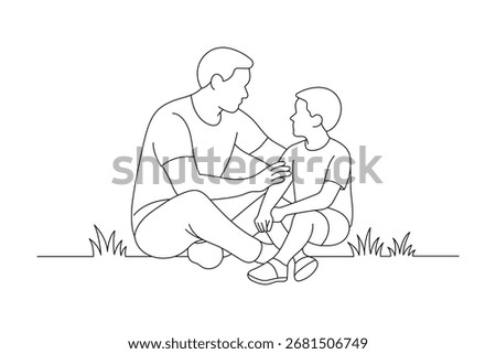 Father talking with son line art illustration, caring parenting moment in family life