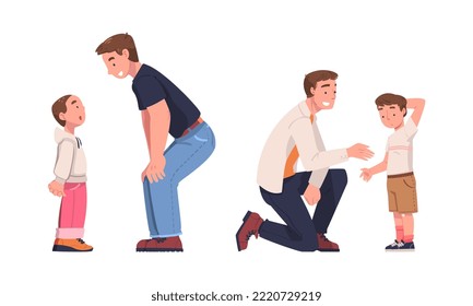 Father Talking and Speaking to His Son Answering Question Vector Illustration Set