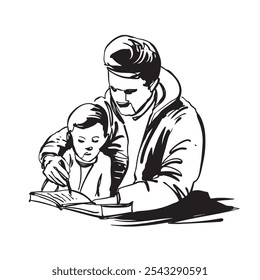 Father teach boy to learn or read book sketch artwork design concept