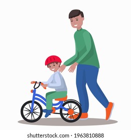 Father teach son to ride bike vector illustration.