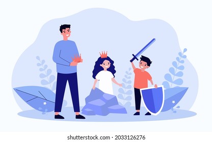 Father or teacher and children rehearsing for school play. Boy with sword and shield, girl wearing crown flat vector illustration. Family, entertainment, drama club concept for banner, website design