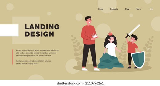 Father or teacher and children rehearsing for school play. Boy with sword and shield, girl wearing crown flat vector illustration. Family, entertainment, drama club concept for banner, website design