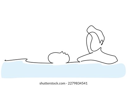 father teacher sea pool little boy swimming training lesson line art