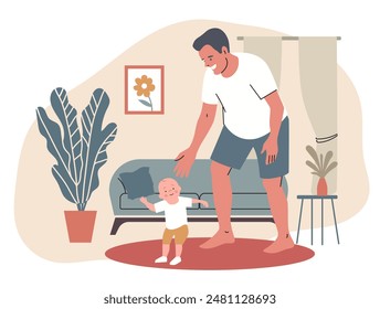 Father teaches the baby to walk. Dad and son in the living room spending time together. Concept of family, fatherhood. Dad rejoices at the first steps of his little son