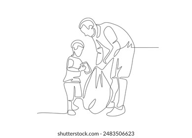 Father teaches children to throw rubbish in its place. Community care concept one-line drawing