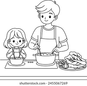 The father teaches daughter to cook coloring page. Father day vector illustration 