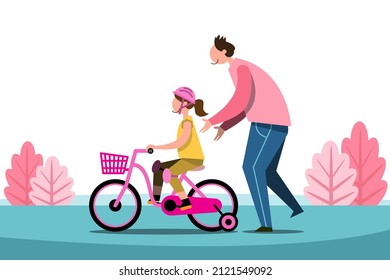 Father teaches daughter to ride an exercise bike in the park. He had his daughter wear a protective gear while driving. Flat vector illustration design