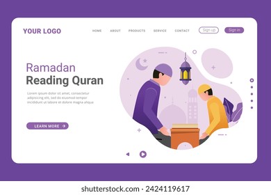 The father teaches his boy read and understand the Quran in month of ramadan on landing page. Flat vector cartoon illustration ramadan kareem