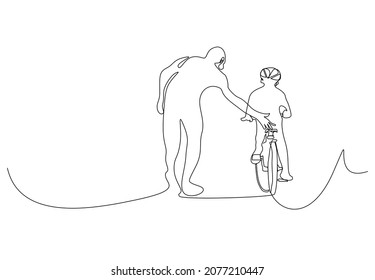 father teaches his child to bike outdoors. father and child happy moments outside