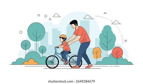 Father teaches his child how to ride a bicycle in the park on a sunny day promoting healthy lifestyle and family bonding