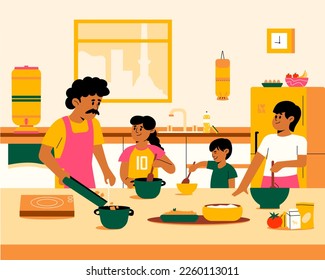 Father teaches his children how to cook brazilian dishes. Beef and cream. Strogonoff. 