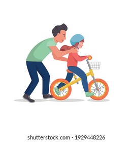 Father teaches his daughter to ride a bike.  Vector flat design illustration