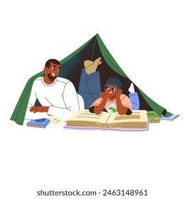 Father teaches his kid reading. Dad and child study, learning book together. Family lying in tent from blanket. Funny activity with daddy indoor. Flat isolated vector illustration on white background