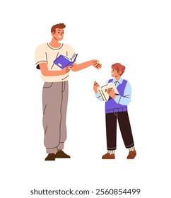 Father teaches his kid reading books. Student studies, learning textbook with teacher. Happy boy and dad discuss novels, communicate together. Flat isolated vector illustration on white background