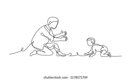 A father teaches his son to crawl drawn with continuous one line. Minimalist style vector illustration in white background.