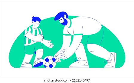 Papá enseña a su hijo a jugar al fútbol. Futbolistas masculinos y masculinos. Ilustración vectorial de la pelota deportiva en estilo plano con contorno. Plantilla de futbolistas aislados. Arte de línea.