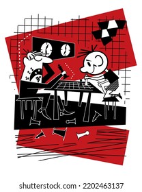 A father teaches his son to play chess. Vector illustration.