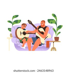 Father teaches his son play music with string instrument indoors. Happy dad helps kid learning guitar. Creative family spends time together. Flat isolated vector illustration on white background