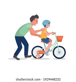 El padre le enseña a su hijo a montar en bicicleta. Ilustración plana del vector