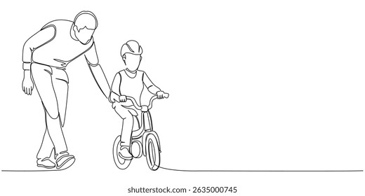 Father teaches his son to ride a bike line art illustration, fathers day illustration. Vector eps