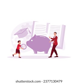 Father teaches his son to save. The boy puts coins into a piggy bank. Save for education. Financial literacy concept. Trend Modern vector flat illustration